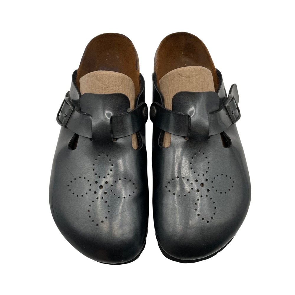 Birki's Birkenstock Boston Clogs Grey Metallic Floral Perforated Womens 9 EU 40